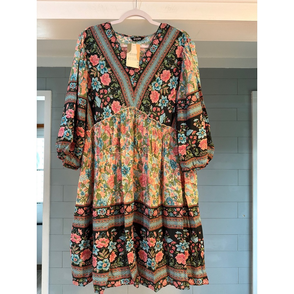 BTFBM Boho Floral V-Neck Babydoll Mini Dress Pink Blue Black XL 8366